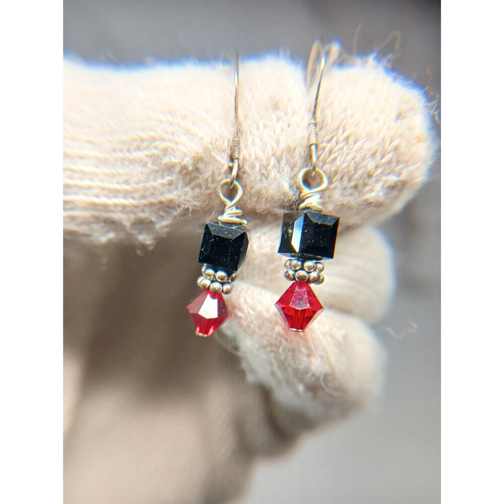 Sterling Silver Black Red Crystal Bead Dangle Earrings - Picture 5 of 16